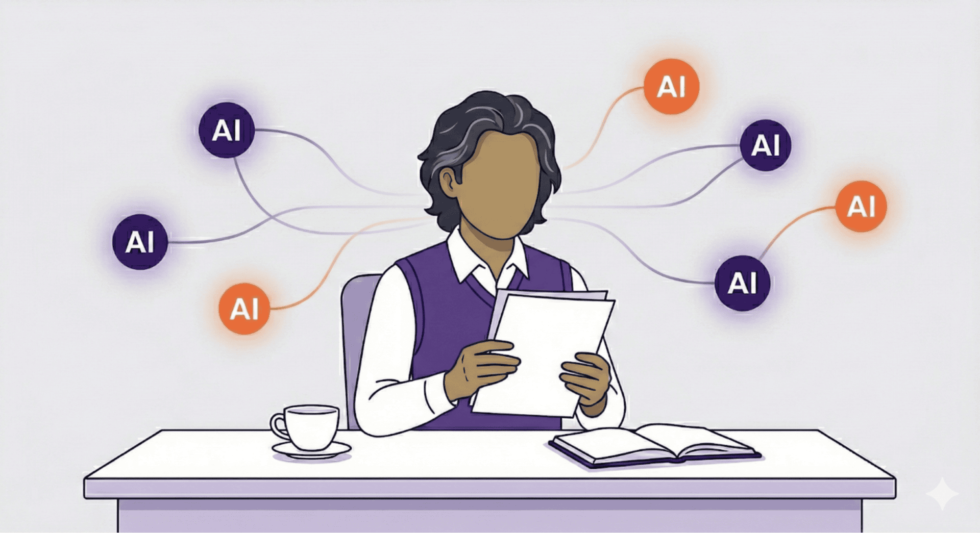 Person at a desk looking at papers with AI elements in the atmosphere around them.